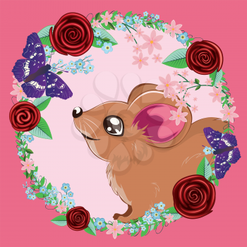 Cute cartoon brown mouse or rat with colorful flowers and leaves.
