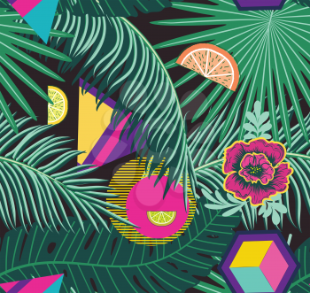 Various tropical leaves and fruits, summer themed pattern design.