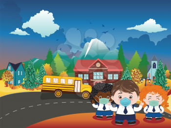 Back to school illustration with kids wears face mask and rural school building.