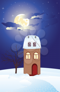 Cold winter rural landscape with cottage illustration.