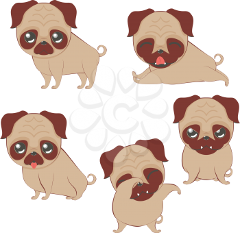 Cartoon kawaii pug in different expressions and poses illustration.