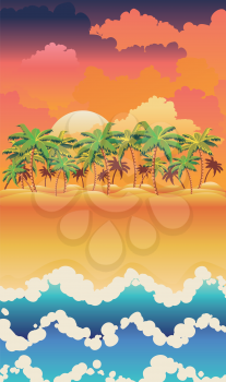 Sunny island with palm trees at sunrise time design.