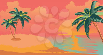 Sunny island with palm trees at sunrise time design.