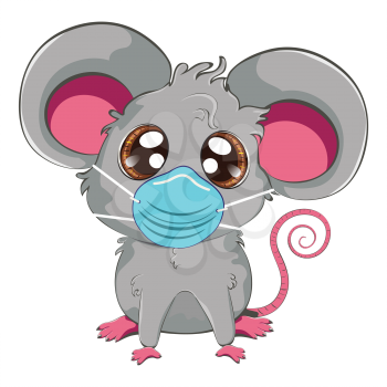 Cartoon kawaii anime grey mouse or rat in face mask design.
