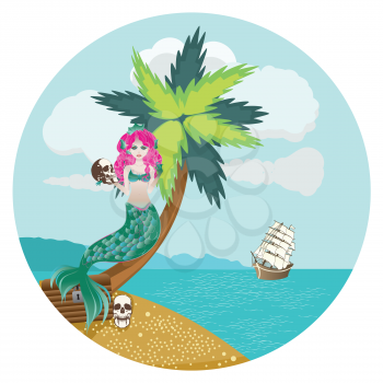 Palm trees and cartoon mermaid, summer fun design.