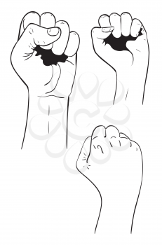 Simple line art of raised fist,  black and white illustration.