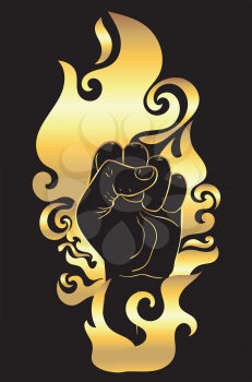 Abstract fist raised up inside of golden flame illustration.