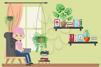 Cartoon woman with laptop sits in armchair, work and study from home concept.