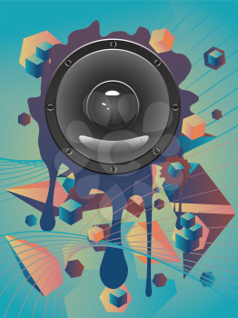 Illustration of audio loud speaker icon on abstract geometric background.