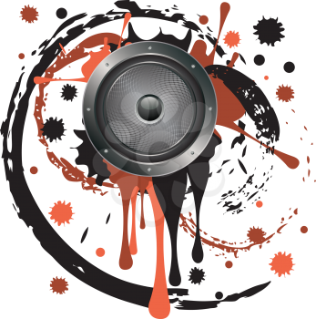 Illustration of sound loudspeaker in metal frame with grunge paint splatters.
