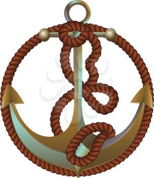 Metallic anchor with a rope on white background.