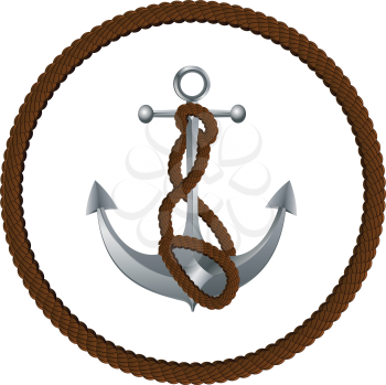 Metallic anchor with a rope on white background.