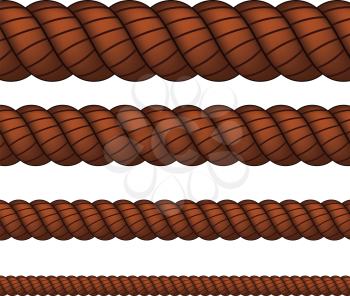 Four brown ropes in different sizes on white background.