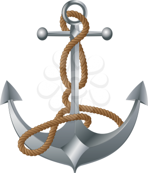 Old metal anchor with rope on white background.