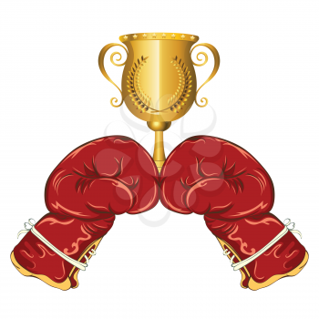 Golden trophy cup with boxing gloves sport design.