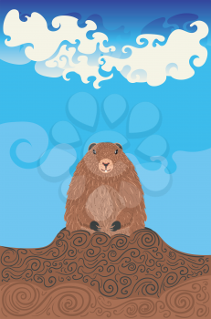 Greeting card design for Groundhog day with cute marmot.