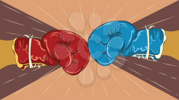 Retro style blue and red boxing gloves, sport themed illustration.