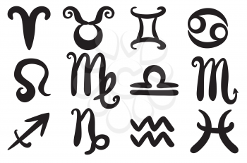 Collection of 12 zodiac symbols, black icons illustration.