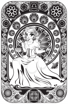 Decorative floral frame and girl with scales in retro style, libra zodiac art nouveau inspired illustration.