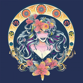 Smiling woman portrait in flower crown with lilies design.