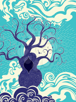 Stylized tree and stormy ocean or sea at sunset, art poster design.