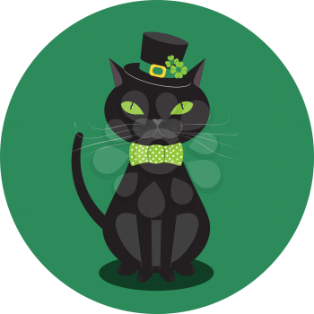 Cartoon black cat wears bow tie and hat with green shamrock design.