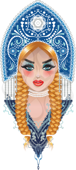 Fashion blonde girl with braids wears native russian headdress kokoshnik design.