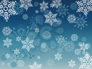 Winter illustration with decorative snowflakes on blue background.