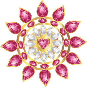 Fashion golden brooch design with pearl and ruby gems.