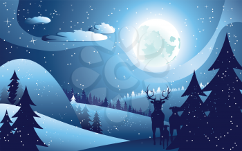Night winter forest and family of deers, cartoon silhouettes.