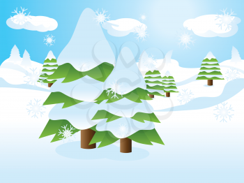 Two fir trees over snow landscape, cartoon background.