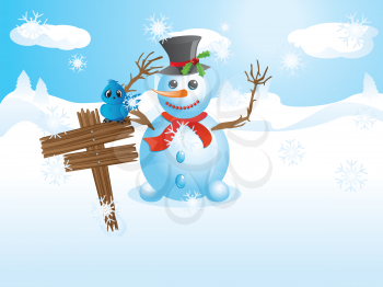 Happy snowman near wooden signboard with blue bird on it.