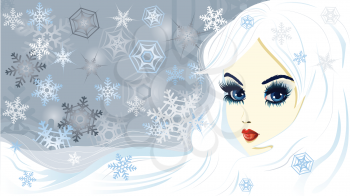 Beautiful fantasy snow queen on background with snowflakes.