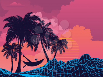 Palm trees on tropical island landscape, sunrise or sunset background.