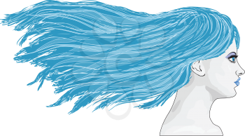 Illustration of abstract winter girl with long blue hair.