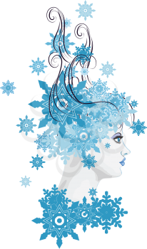 Illustration of a winter girl portrait with decorative snowflakes.