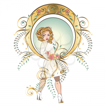 Fashion girl with curly blond hair in vintage white dress with floral ornament illustration.