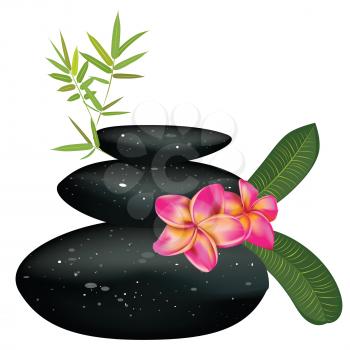 Zen stones heap with bamboo leaves and flower on white background.