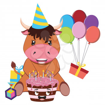 Cute cartoon brown bull with chocolate cake illustration.