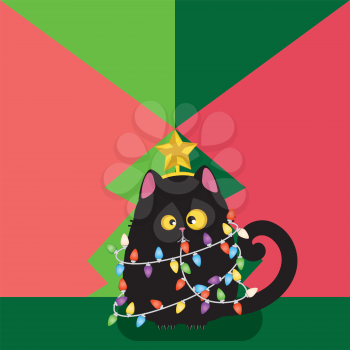 Cute cartoon black cat with colorful Christmas garland and yellow star on the head.