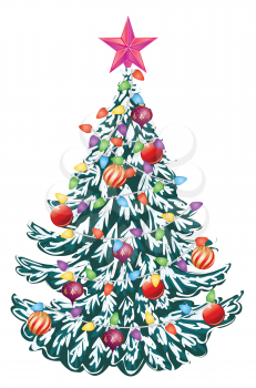 Cartoon evergreen tree with colorful decorations for Christmas day.