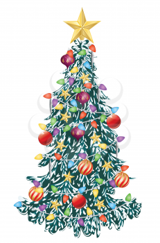 Cartoon evergreen tree with colorful decorations for Christmas day.