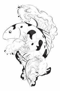 Decorative japanese fish koi carp in black and white illustration.