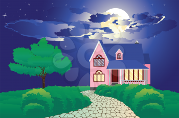 Vintage cottage in countryside, night summer landscape illustration.