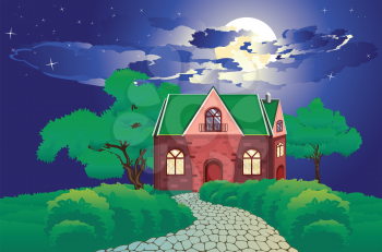Vintage cottage in countryside, night summer landscape illustration.