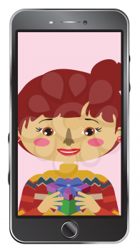 Cartoon asian girl on smartphone screen, chatting online, distance technology concept.