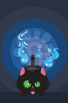 Cute cartoon frightened black cat and ghost wisps background.