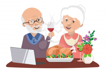 Cartoon grandparents with roasted turkey or chicken, traditional holiday meal.