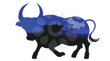 Illustration of night landscape inside of a bull silhouette design.