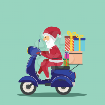 Cartoon Santa Claus riding scooter with gift boxes.